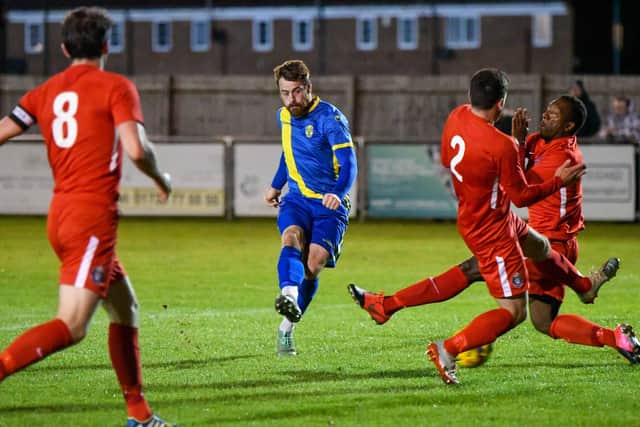 Josh Moreman scores for Peterborough Sports against King's Langley. Photo: James Richardson.