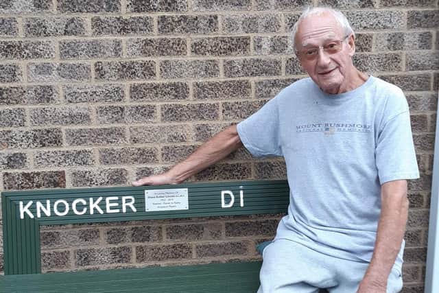 Peter Dunnell (Knocker) on the memorial bench he created for his partner Diane
