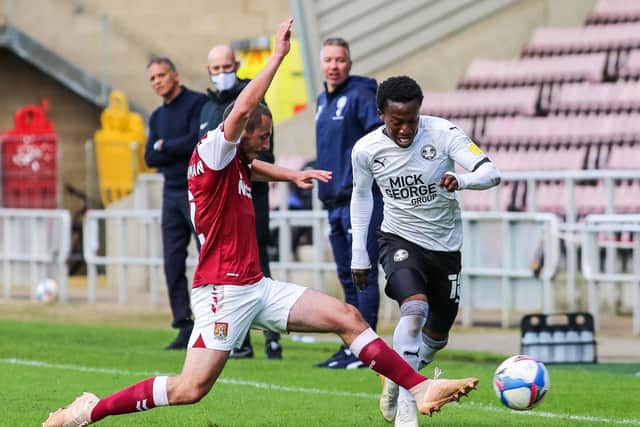 Siriki Dembele in action for Posh at Northampton. Photo: Joe Dent/theposh.com.