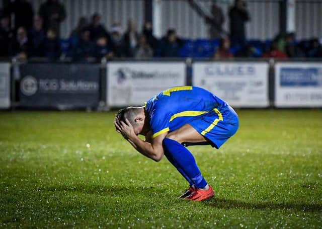 Jordan Nicholson after missing a penalty for Peterborough Sports against Banbury. Photo: James Richardson.