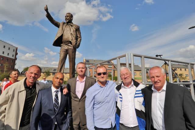 Former Posh players gather at the unveiling of the Chris Turner statue, also facilitated by PISA