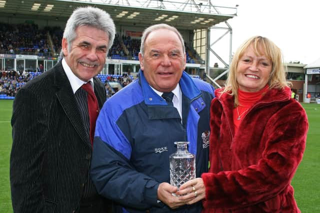 Posh legend Tommy Robson is inducted into the Hall of Fame by club historian Peter and Sandee Lane EMN-201014-144240002