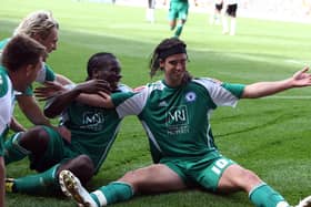 Peterborough United's George Boyd (right) celebrates  after a goal for Posh at Derby in the Championship in 2009.