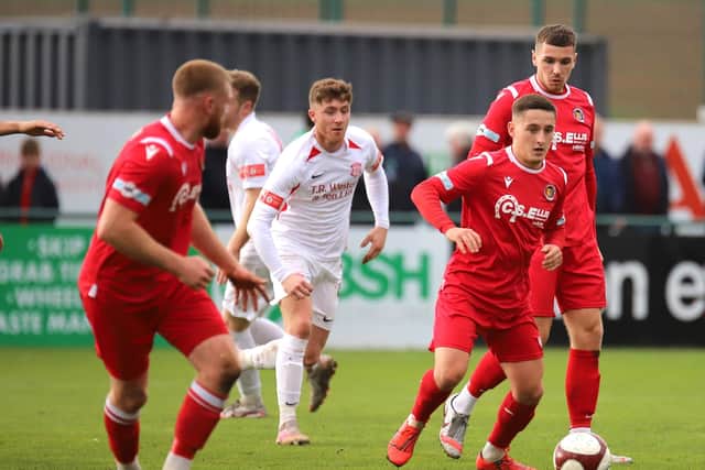 Action from Stamford AFC's FA Trophy win over Lincoln United at the weekend. Photo: Peter Short.