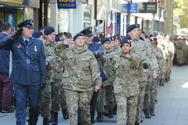 Remembrance Sunday in Peterborough City Centre. The City Centre marchpast. EMN-191011-213145009