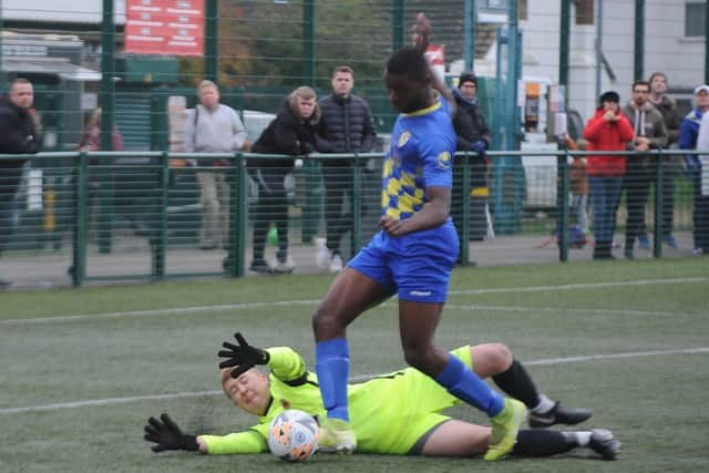 Action from Peterborough Sports North End's win at Netherton. Sports are wearing blue. Photo: David Lowndes.