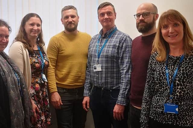 CPFT's Individual Placement and Support Service team (left to right) Emma Rayner, Ellie Freeman, Mark  Hodge, Declan Lynch, James Ayres,
and Sharon Payne pictured before social distancing measures were introduced