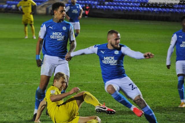 Joe Ward scores for Posh against Burton. Photo: David Lowndes.