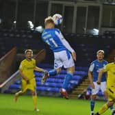 Posh substitute Ryan Broom couldn't get this header on target against Burton. Photo: David Lowndes.