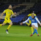 Ryan Broom misses a great chance for Posh towards the end of the game against Burton. Photo: David Lowndes.