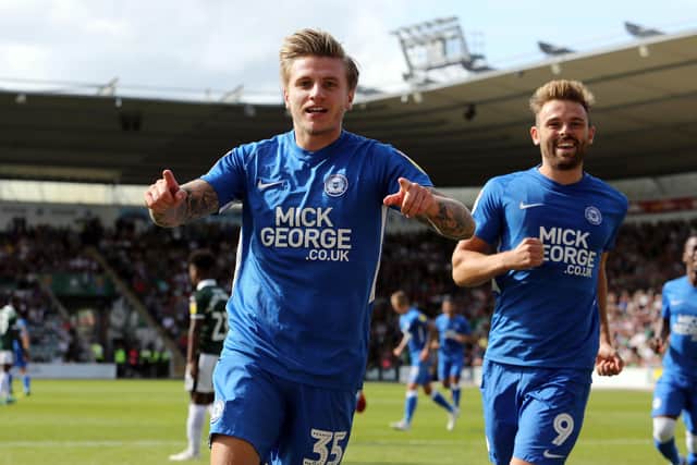 Shrewsbury striker Jason Cummings celebrates a Posh goal. Photo: Joe Dent/theposh.com.