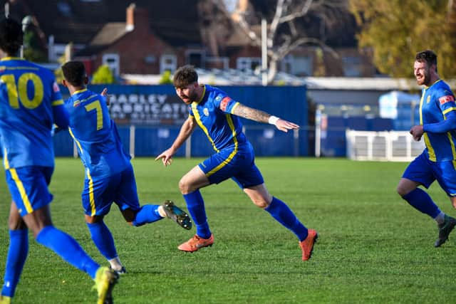 Paul Malone celebrates his goal for Peterborough Sports against Gainsborough Trinity in the FA Trophy. Photo: James Richardson.