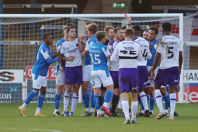 Shrewsbury midfielder Josh Vela is sent off at Posh on Saturday. Photo: Joe Dent/theposh.com.