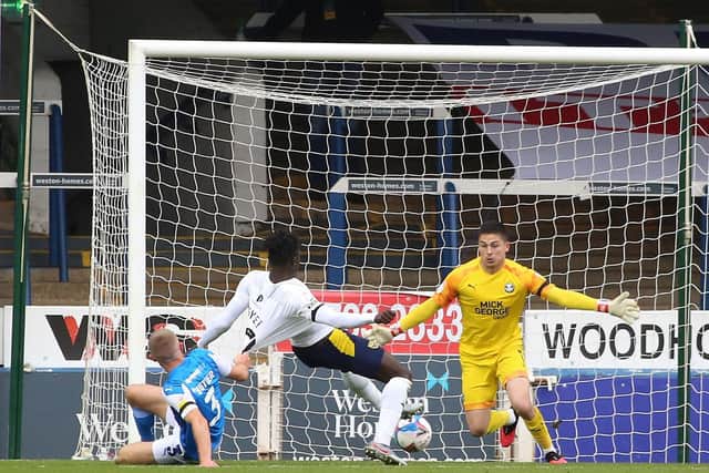 Posh goalkeeper Christy Pym makes a save in the League One game against Oxford at London Road.  Photo: Joe Dent/theposh.com.