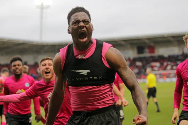 Ricardo Santos celebrates his only goal for Posh at Doncaster in 2016. Photo: Joe Dent/theposh.com.