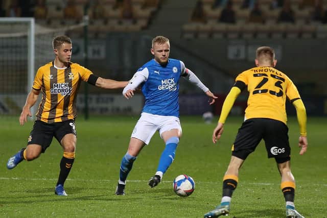 Fraxer Blake-Tracy in action for Posh at Cambridge. Photo: Joe Dent/theposh.com.