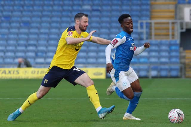 Siriki Dembele in action for Posh at Oxford last weekend. Photo: Joe Dent/theposh.com.