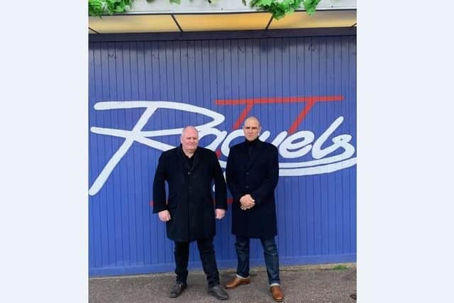 Bernard O'Mahoney and Vinnie Jones outside a mock-up of nightclub Raquels