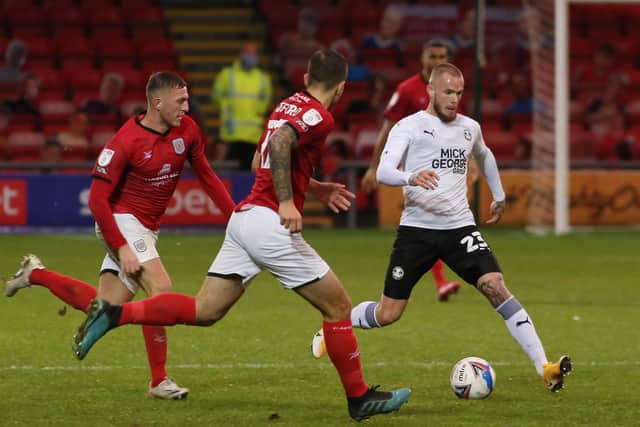Joe Ward of Peterborough United in action against Crewe Alexandra. Photo: Joe Dent/theposh.com.