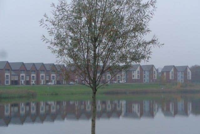 Carol Macfarlane houses reflected in Teardrop Lake