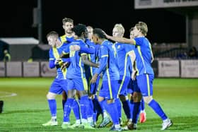 Peterborough Sports celebrate a goal against Kings Langley