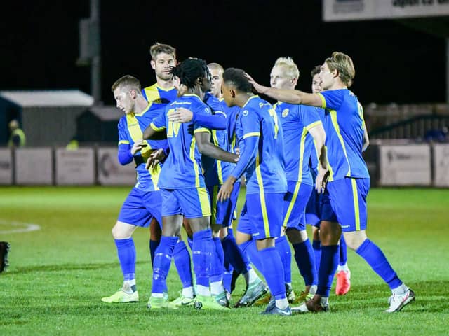 Peterborough Sports celebrate a goal against Kings Langley