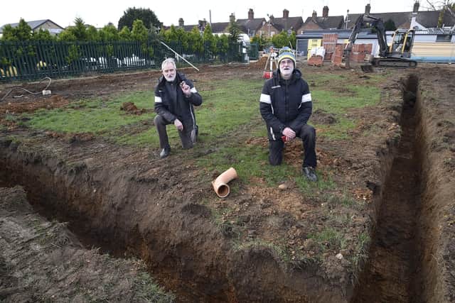 Groundsmen Alan and Chris Palmer on the site of the new clubhouse