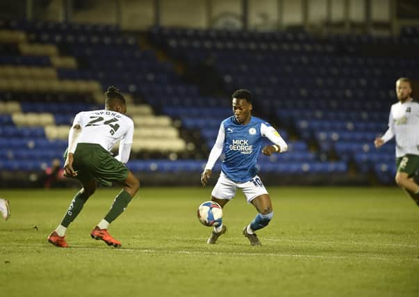 Siriki Dembele on the ball for Posh against Plymouth. Photo: David Lowndes.