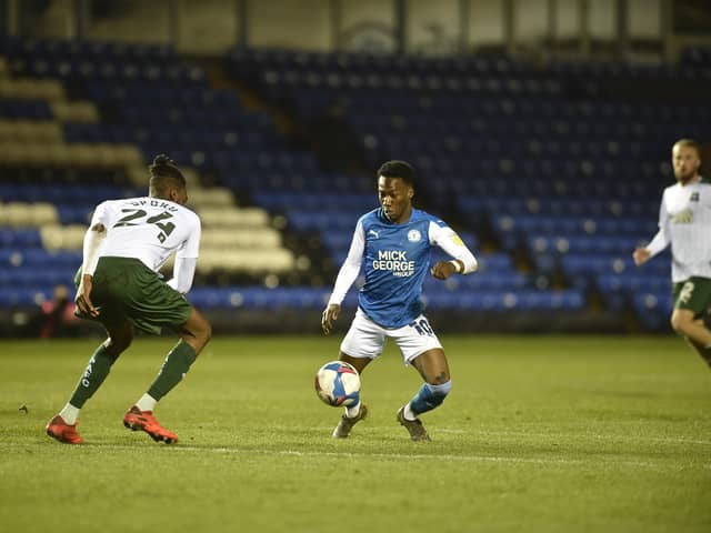 Siriki Dembele on the ball for Posh against Plymouth. Photo: David Lowndes.