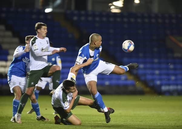 Jonson Clarke-Harris in action for Posh against Plymouth. Photo: David Lowndes.