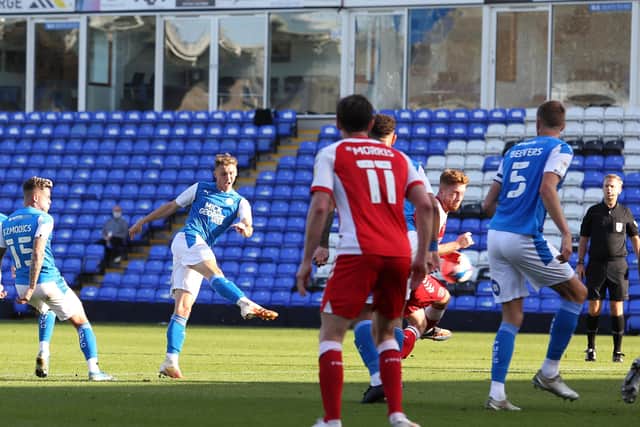 Jack Taylor scores for Posh against Fleetwood earlier this season.