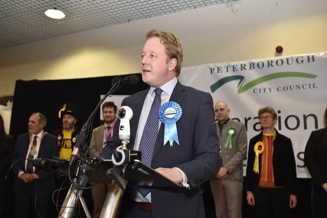 Paul Bristow giving his victory speech after being elected as MP for Peterborough