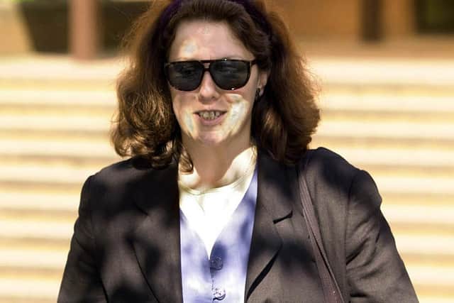 Deborah Winzar leaving Birmingham Crown Court in JUne 2000 during her trial for the murder of her wheelchair-bound husband Dominic McCarthy.