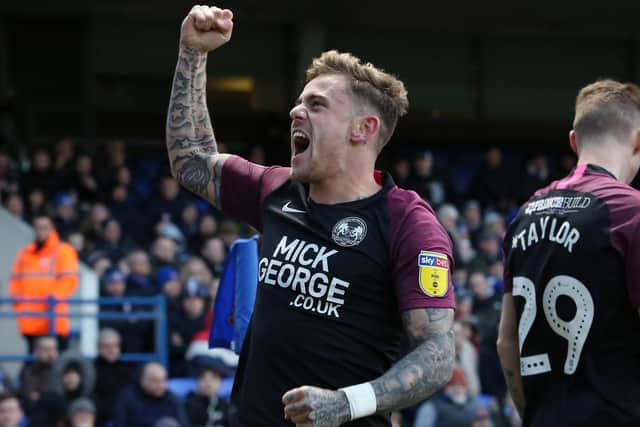 Sammie Szmodics after a goal for Posh at Ipswich last season.