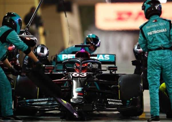 George Russell makes a pit stop during the Sakhir Grand Prix. Photo: Mark Thompson Getty Images.