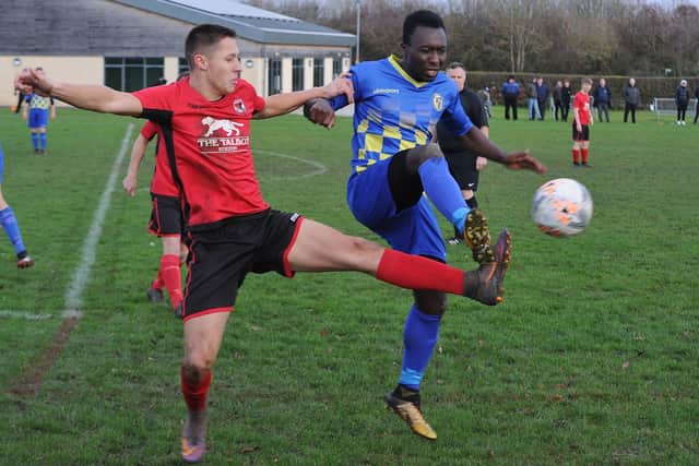 Action from Stilton United (red) v Peterborough North End Sports. Photo: David Lowndes.