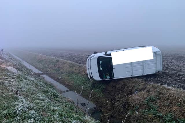 Overturned van on Black Drove this morning (Picture: Policing Fenland)