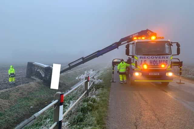 Overturned van on Black Drove, Guyhirn this morning (Picture: Policing Fenland)