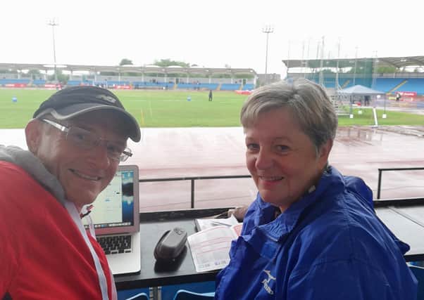 Elaine Larkins (right) pictured at the English Championships at Manchester with husband Paul, a four-minute miler in his day.