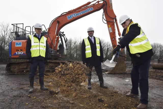 Groundbreaking ceremony to mark the start of ARU Peterborough construction work for the campus. Pictured are Professor Roderick Watkins, Vice Chancellor of ARU, Mayor of Cambridgeshire James Palmer and leader of Peterborough City Council John Holdich.