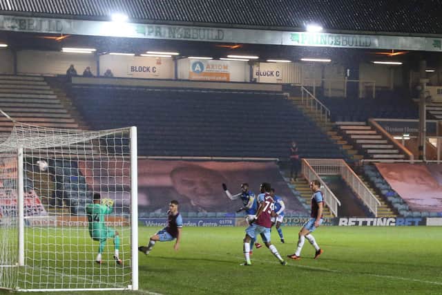 Mo Eisa scores his second goal for Posh against West Ham. Photo: Joe Dent/theposh.com.