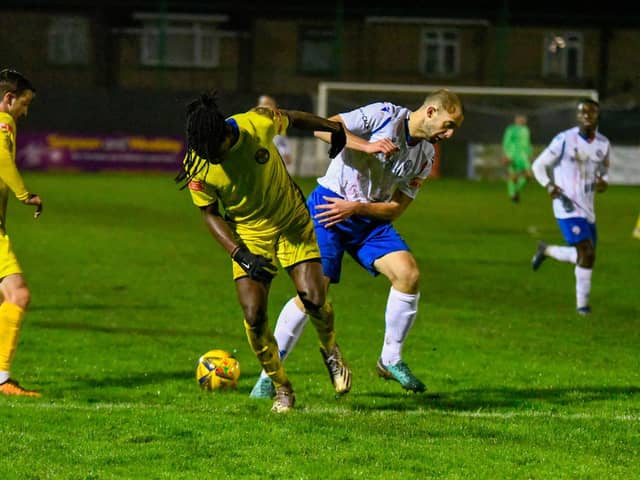 Maniche Sani battles for possession during Peterborough Sports' big 5-1 win at AFC Rushden & Diamonds in which he scored twice. Pictures courtesy of Hawkins Images Photography