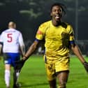 Maniche Sani celebrates a goal for Peterborough Sports at AFC Rushden & Diamonds. Photo: James Richardson.