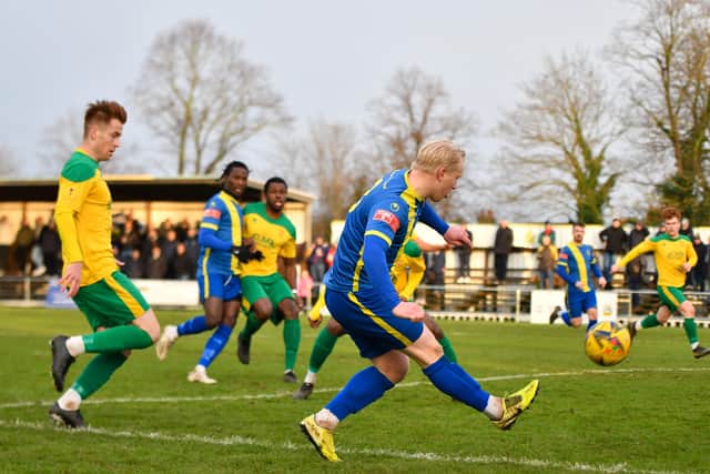 Lewis Hilliard opens the scoring for Peterborough Sports at Hitchin. Photo: James Richardson.