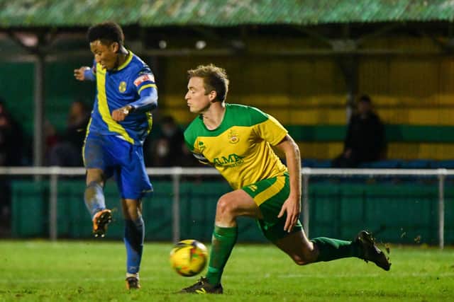 Dion Sembie-Ferris scores his second goal for Peterborough Sports at Hitchin. Photo: James Richardson.