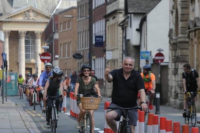 A cycle ride in Peterborough using the new pop-up lane in Priestgate