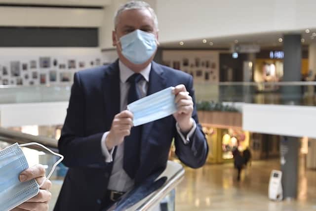 Mark Broadhead, Queensgate Centre manager at the earlier launch of a face covering awareness campaign in the centre.