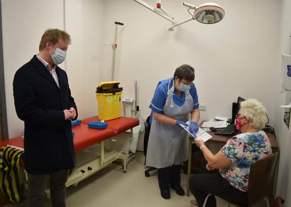 Peterborough MP Paul Bristow visits Peterborough City Hospital's vaccine hub.