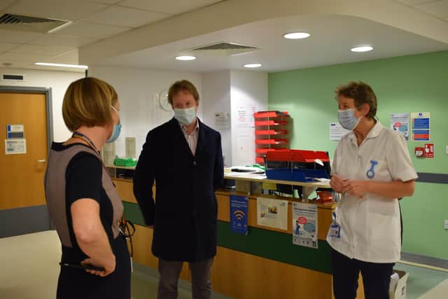 Peterborough MP Paul Bristow visits Peterborough City Hospital's vaccine hub.