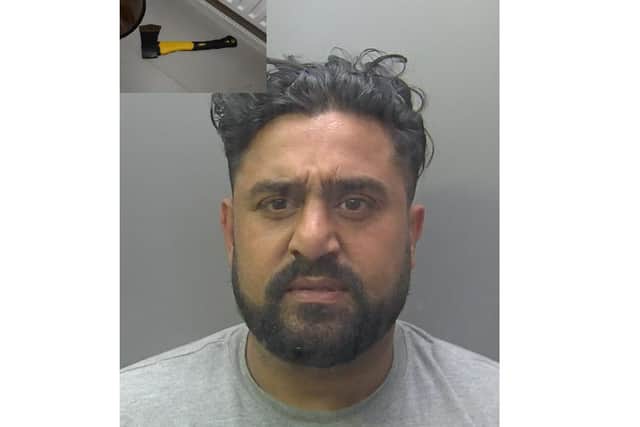 Umran Araf and the axe he used. Pic: Cambs police